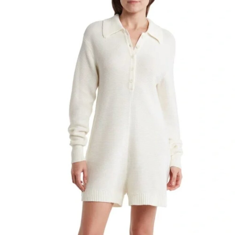 WEWOREWHAT Sweater Romper Womens Small Cream Collared Knit Long Sleeve Playsuit